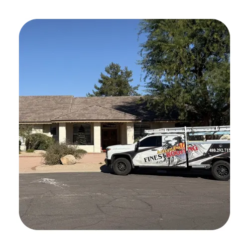 Arizona's Finest Roofing service truck parked in a Scottsdale neighborhood ready for a roof estimate.