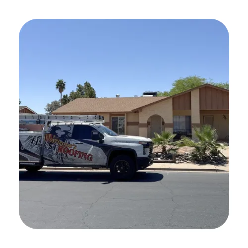 Arizona's Finest Roofing service truck parked in a Scottsdale neighborhood ready for a roof estimate.
