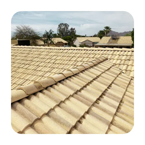 Overview of a professionally installed sand-colored concrete tile roof on a desert-style home in Apache Junction.