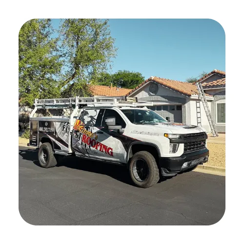 Arizona's Finest Roofing service truck parked at a residential job site for a free roof inspection in Apache Junction, Arizona.