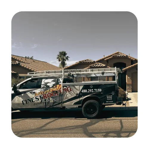 Arizona's Finest Roofing service truck at a residential tile roof repair job site in a Gilbert, AZ neighborhood.