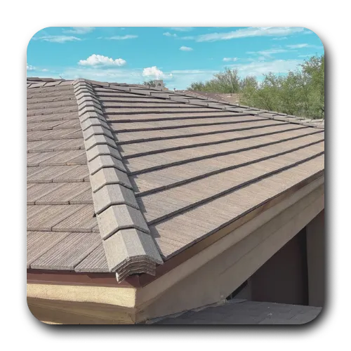 Detailed view of a gray flat-tile roof installation with precision-cut hip tiles on a San Tan Valley home.