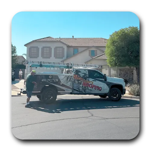 Arizona’s Finest Roofing service vehicle on-site for a residential roof estimate in a Chandler, AZ community.