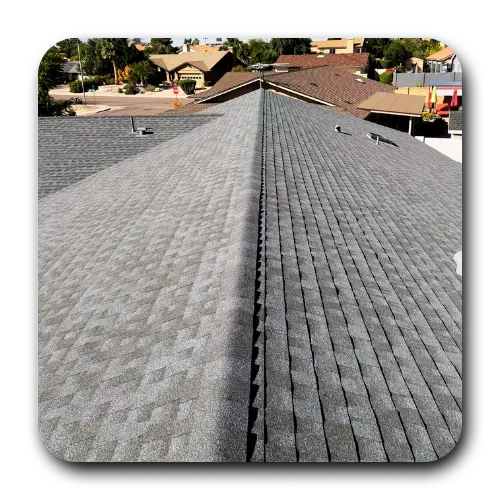 New asphalt shingle installation with a high-profile vent by an affordable roofing phoenix company.