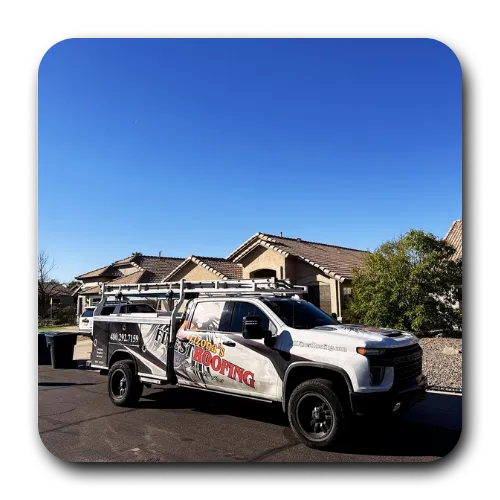 An Arizona's Finest Roofing service truck parked at a job site, representing a trusted commercial roofer queen creek roofing company ready for service.