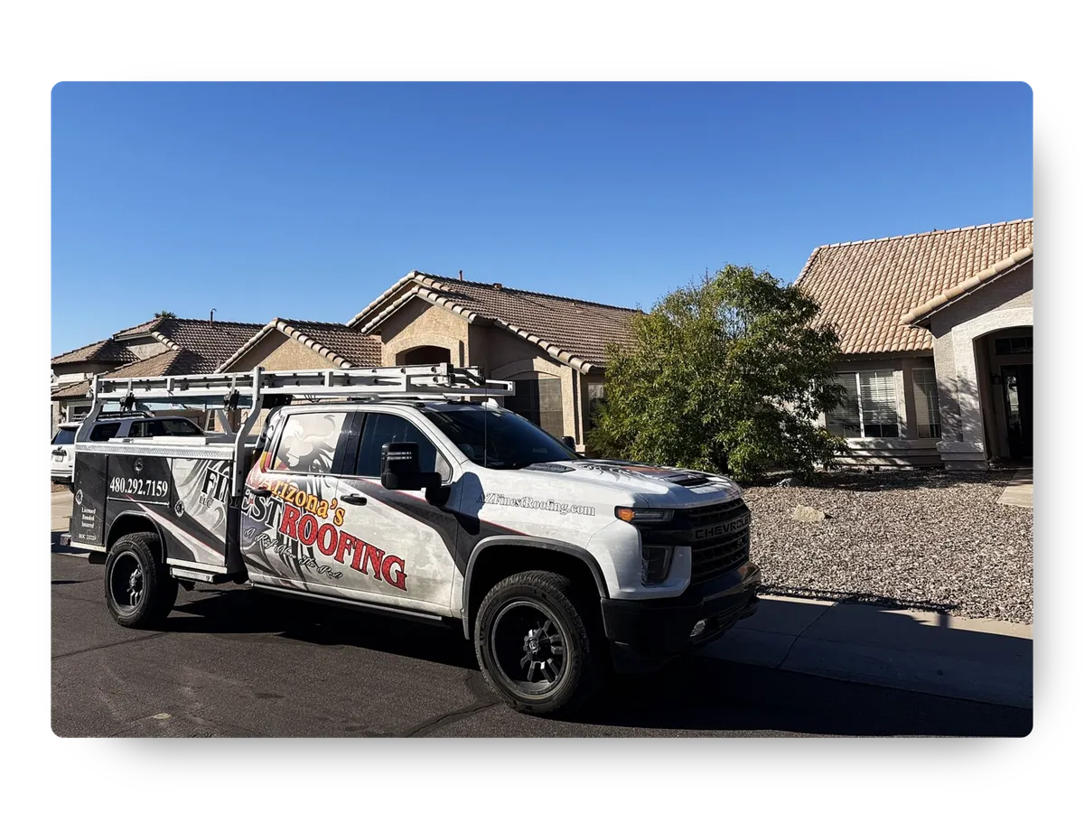 Arizona's Finest Roofing service truck parked outside a residential home for a free roof inspection Phoenix