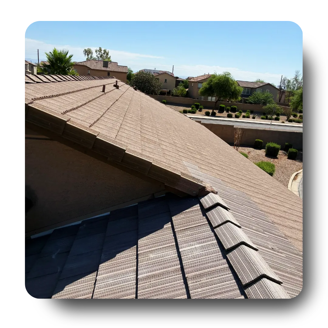 Roofing Services in San Tan Valley, AZ showing multi-pitch tile roof angle
