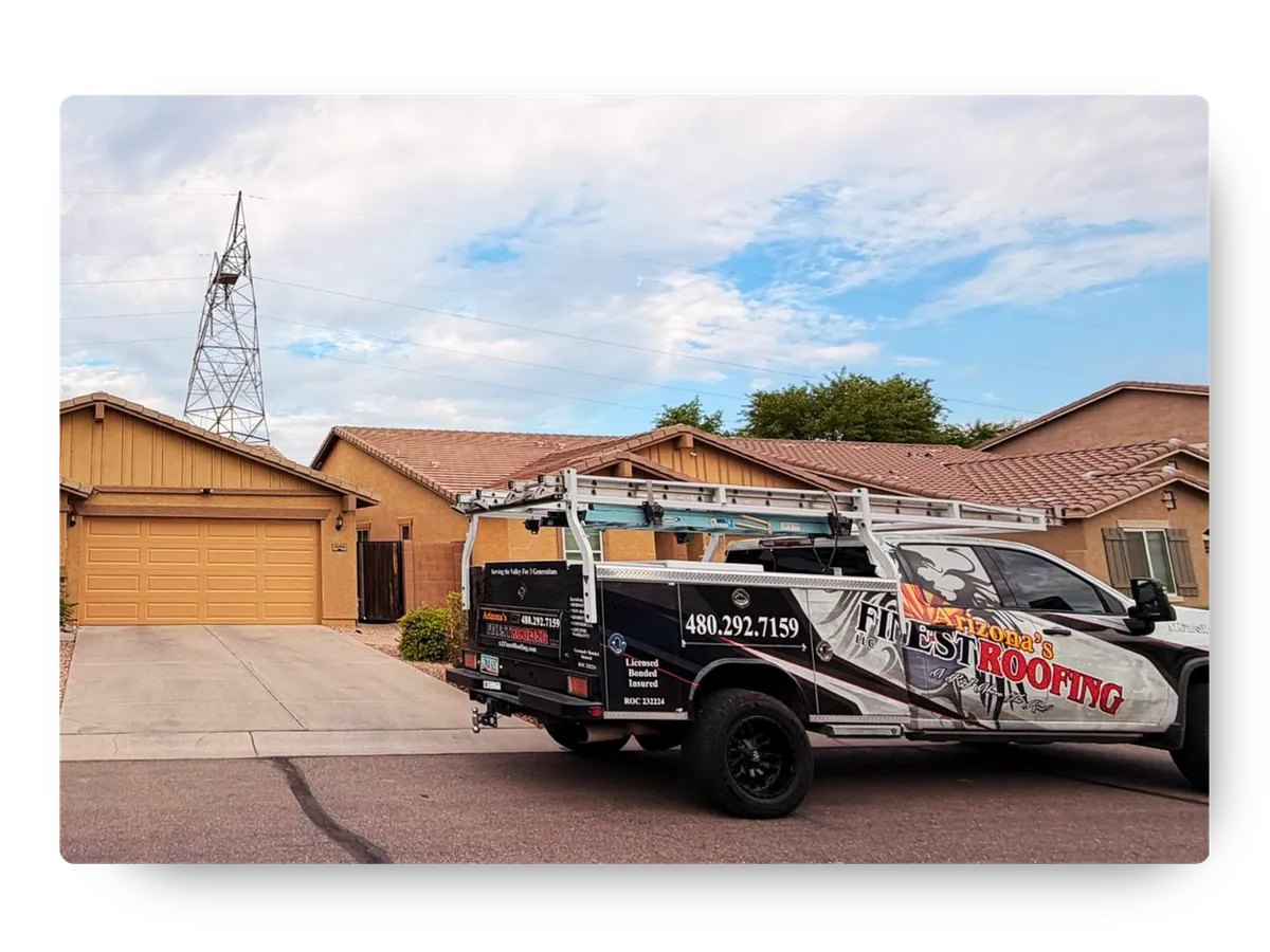 Arizona's Finest Roofing truck arriving for a Free Roof Inspection in San Tan Valley