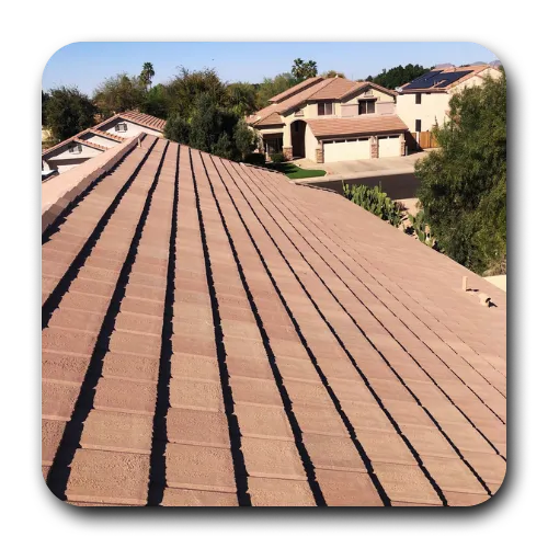 Overhead shot of completed tile roofing Mesa AZ on a neighborhood residence handled by local roofers Mesa AZ.