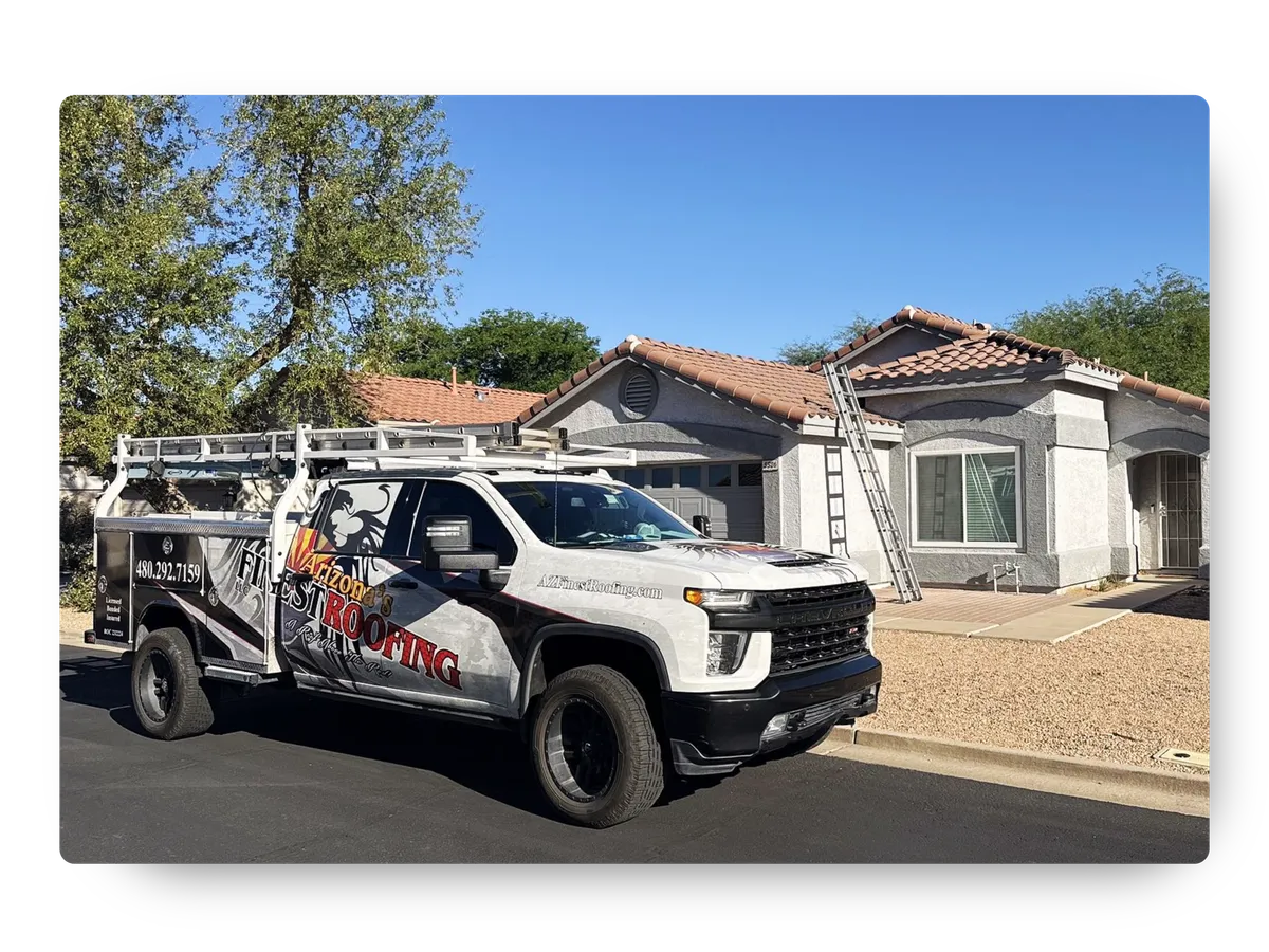 Arizona's Finest Roofing service truck parked outside a single-story home for a roof replacement Mesa AZ project.
