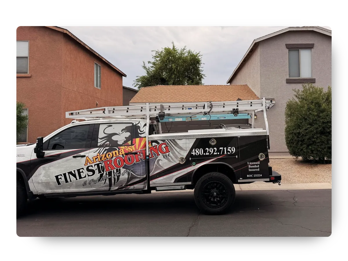 Arizona's Finest Roofing service vehicle parked on a residential street offering roof maintenance Chandler AZ.