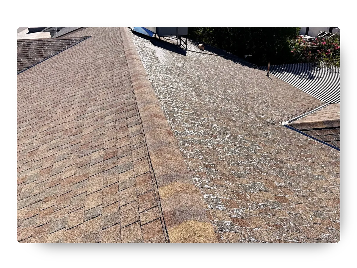 Sun-damaged and discolored shingles needing professional roof repair Tempe AZ from roofers near me.