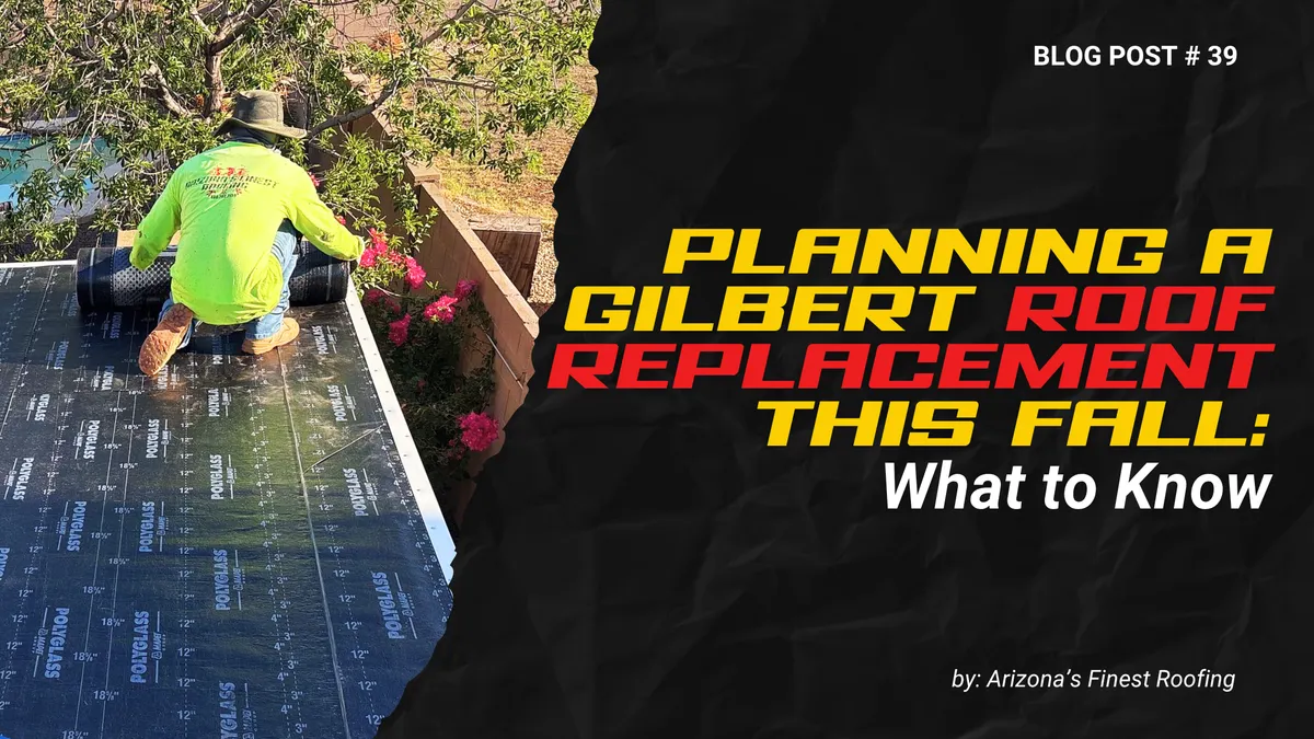 Graphic showing a roofer rolling out Polyglass underlayment on a flat roof alongside fall roof replacement planning tips from a top roofing contractor Gilbert AZ.