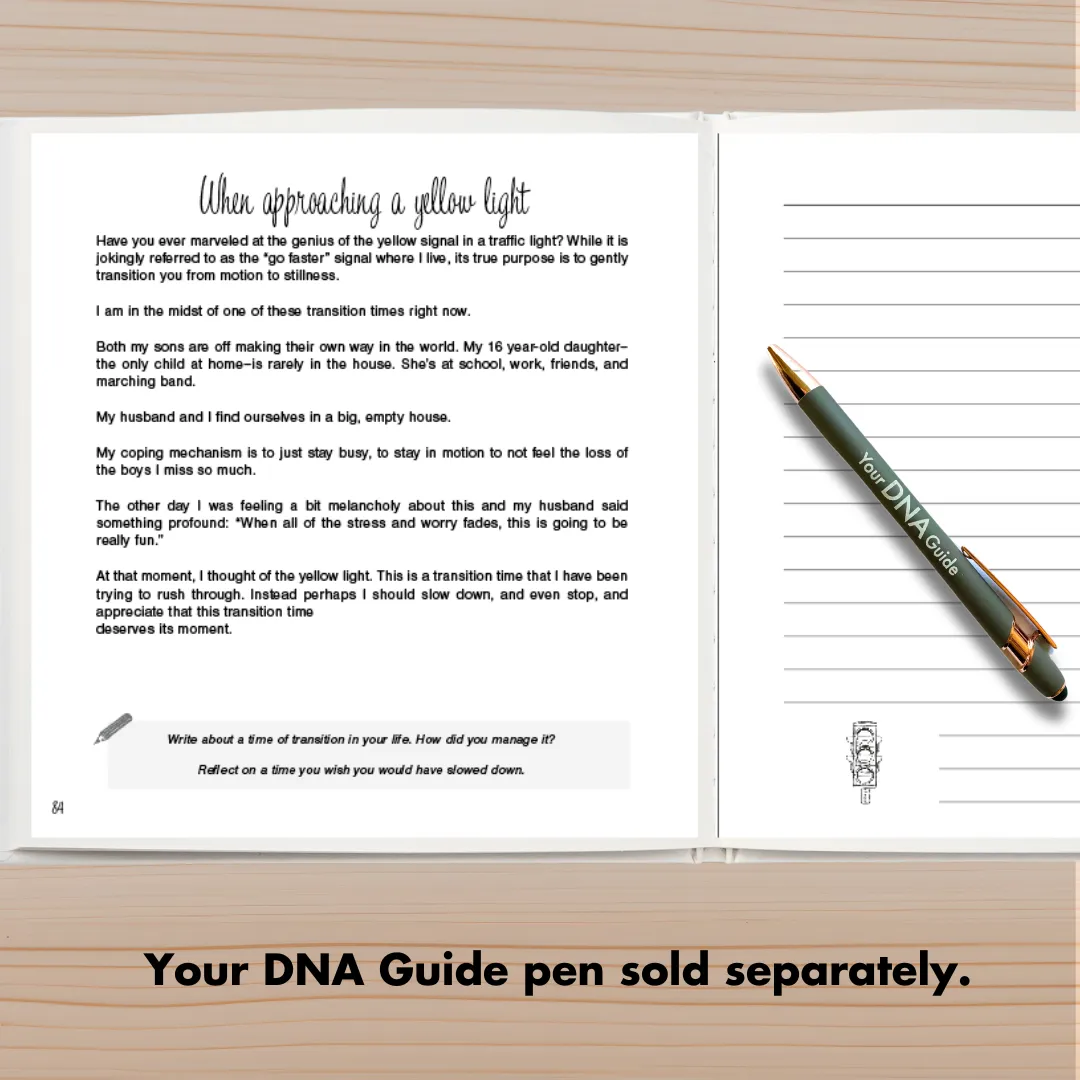 A page of the Monday Minutes Journal with a Your DNA Guide pen. The Your DNA Guide pen is sold separately