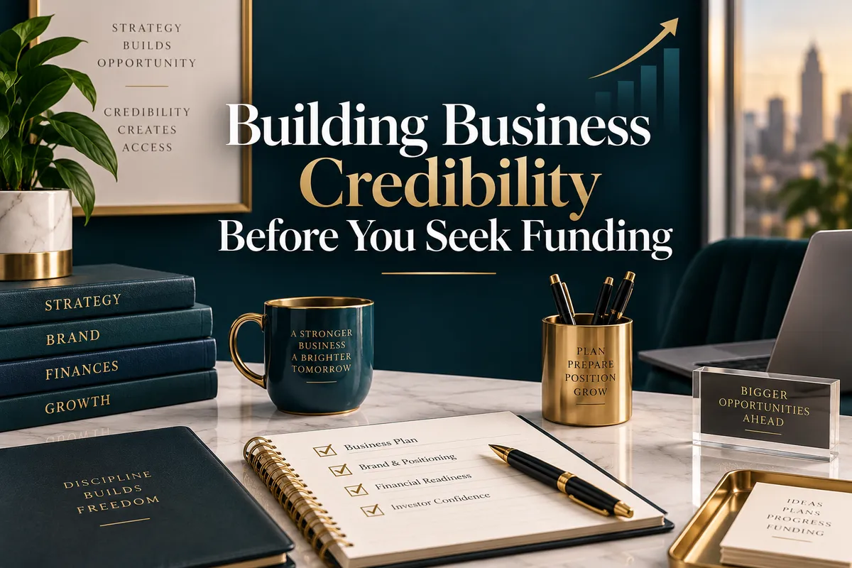Building Business Credibility Before You Seek Funding cover image featuring business planning, financial readiness, strategy, and growth.