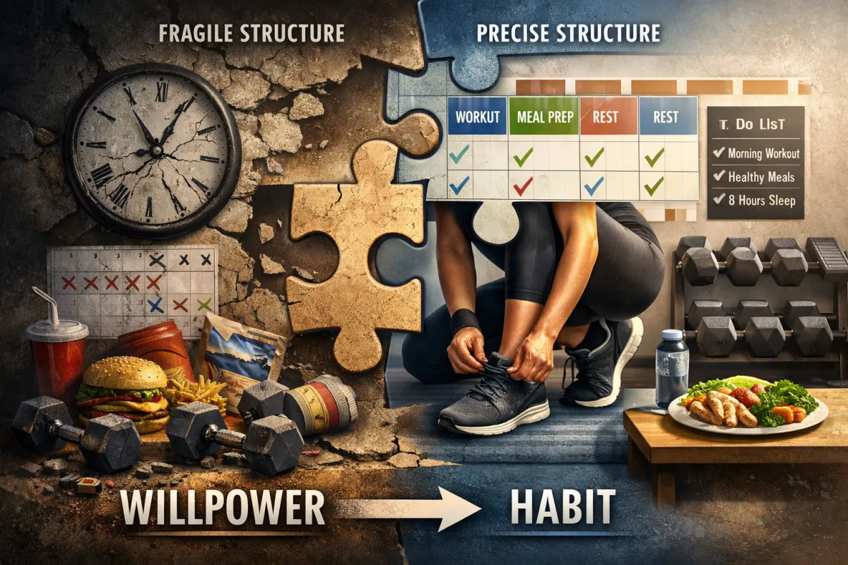 Person looking at an empty planner in a partially cluttered area contrasted with an organized space.