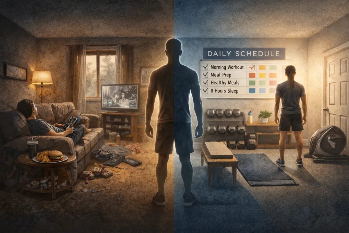 Espaço arquitetônico minimalista com linhas retas e luz natural entrando, transmitindo organização.