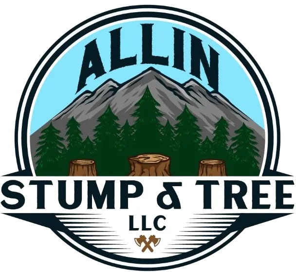 Logo of Allin Stump & Tree LLC featuring a mountain backdrop, pine trees, and tree stumps, symbolizing professional tree and stump removal services