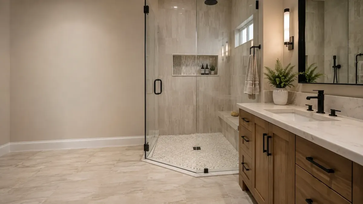 Premium bathroom remodeling in Beaumont TX showcasing precision tile work, frameless shower glass, quartz countertop, modern fixtures, and custom cabinetry.