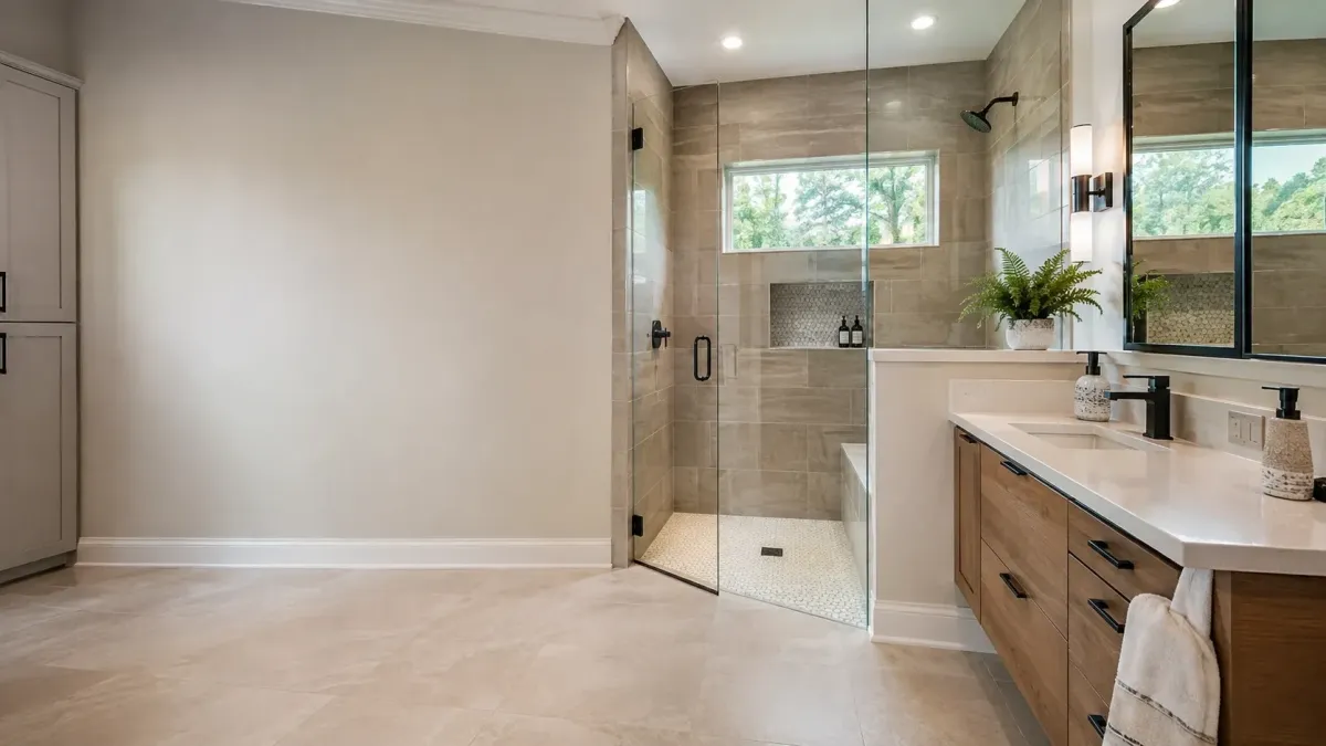 Modern farmhouse bathroom remodel in Beaumont TX with patterned tile floor, quartz vanity, brass fixtures, frameless shower, and warm transitional finishes.