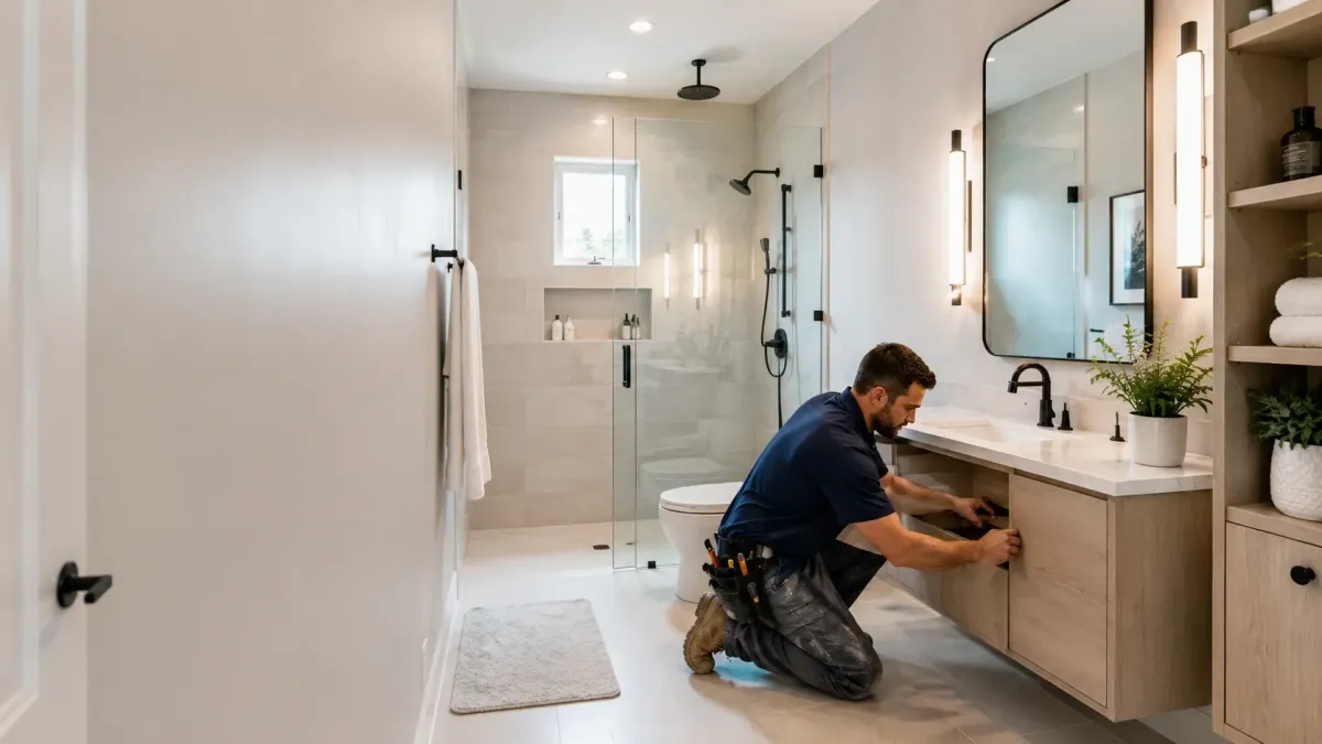 Technician installing a compact vanity in a small bathroom remodel in a Beaumont Texas home.