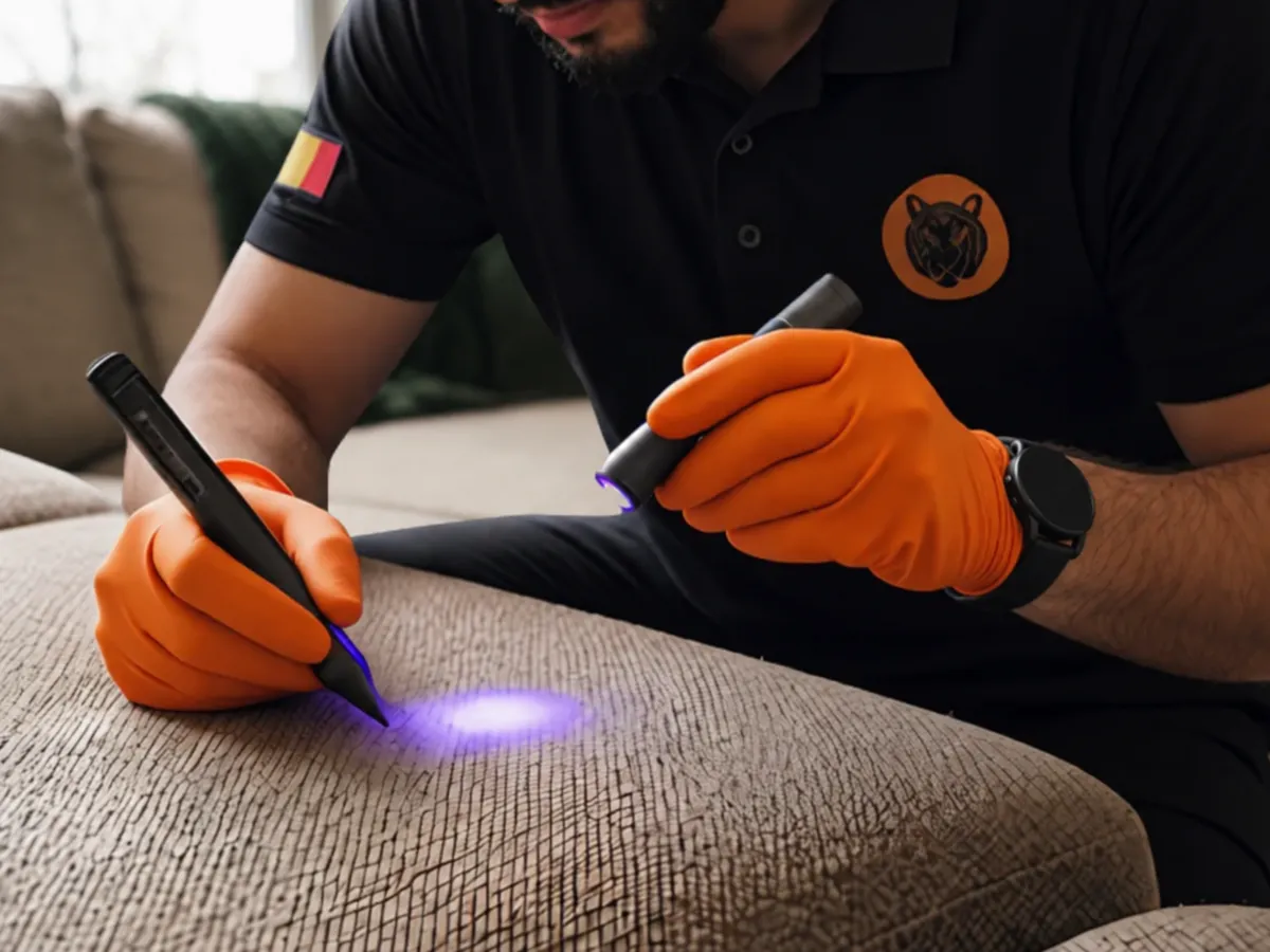 Technicien inspectant les fibres textiles d'un canapé
