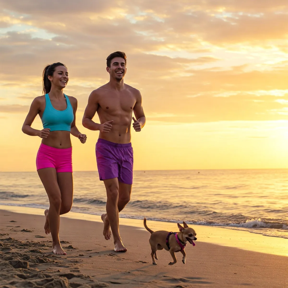 man, woman and chihuahua happily jogging on the beach at sunrise