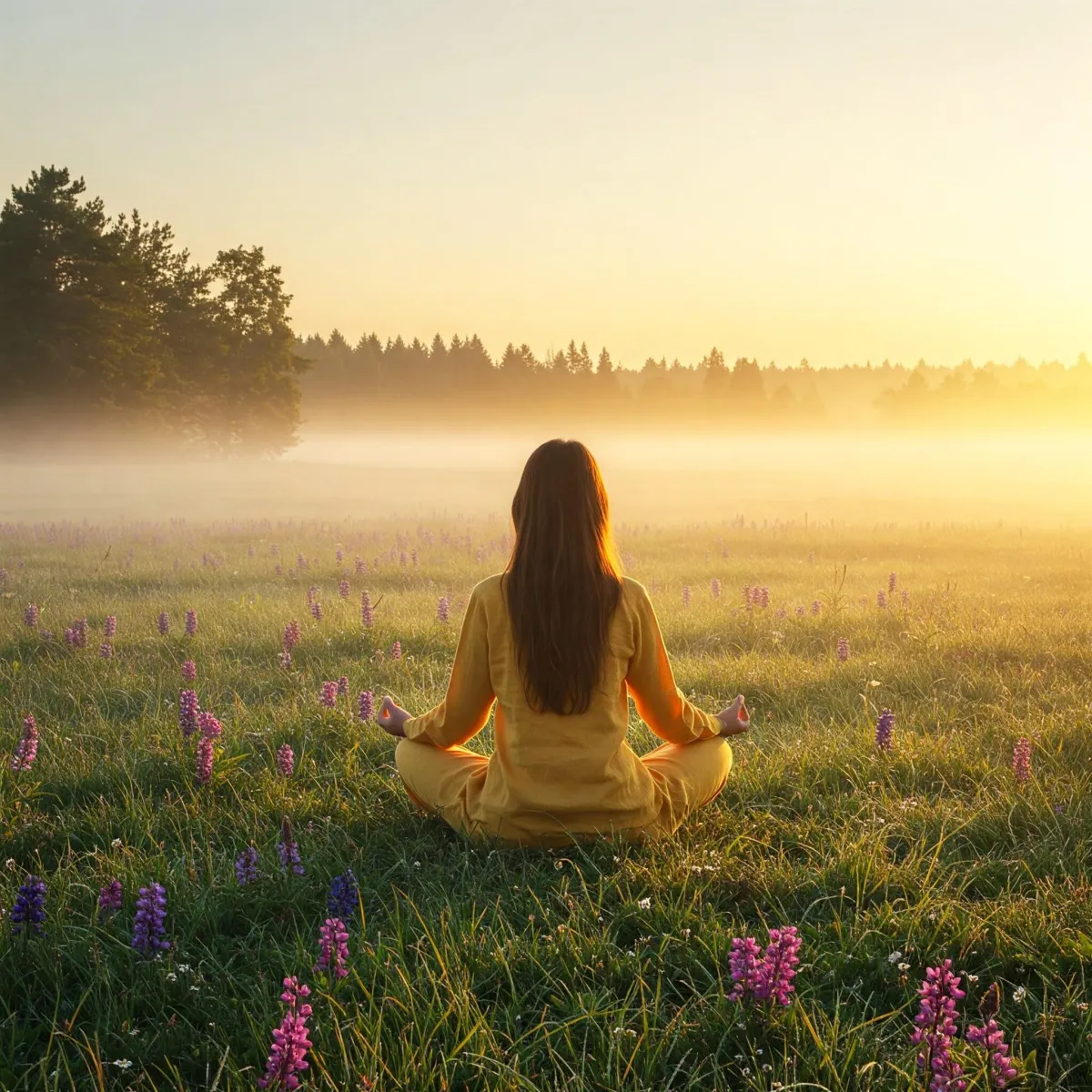 woman meditating in lotus position, in field of flowers