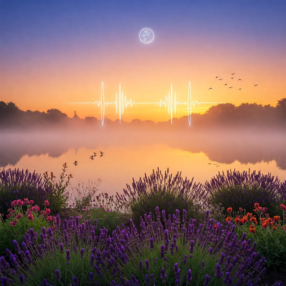 Theta brain waves over a misty morning lake . blooming flowers line the lake edge