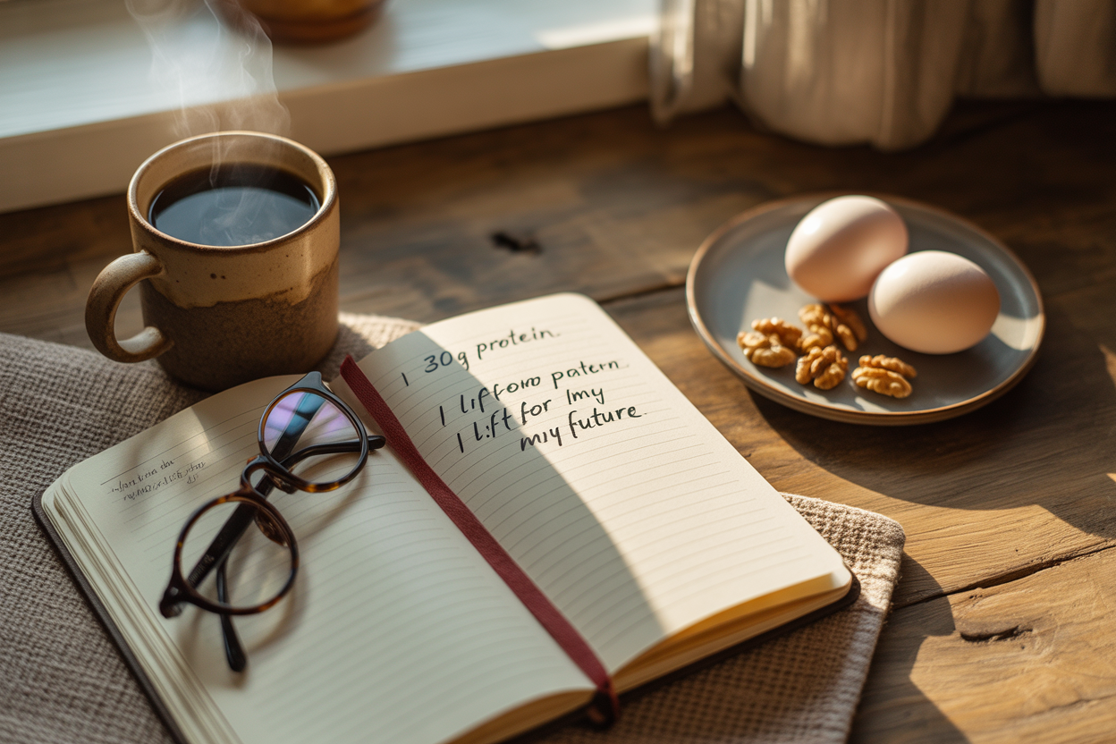 A warm, inviting flat lay on a rustic wooden kitchen table. A steaming cup of black coffee in a ceramic mug. An open journal with handwritten notes that read "30g protein" and "I lift for my future." A pair of reading glasses resting on the journal. A small plate with two boiled eggs and a handful of walnuts. Soft morning light streaming through a window, casting gentle shadows. The overall feeling is peaceful, intentional, and powerful—this is how strong mornings begin. 