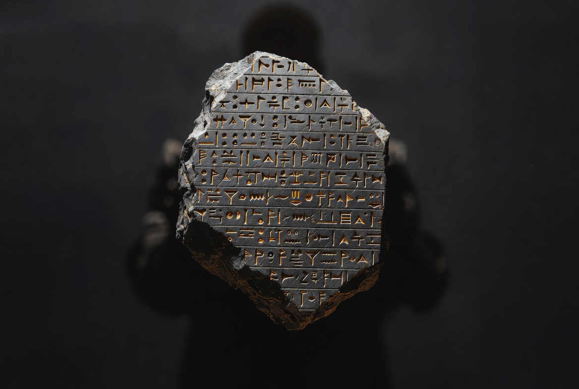 Photorealistic square image for a blog thumbnail. A single ancient stone tablet fragment floating in darkness, held by invisible forces. The tablet has deep carved symbols that glow with a faint warm golden light from within the grooves—a mix of different ancient scripts blending into one another (cuneiform, hieroglyphics, Sanskrit, Celtic ogham). The tablet is cracked but whole. Behind it, barely visible in the deep shadows, is the faint outline of a human silhouette, as if the reader is seeing themselves reflected in the stone. The tablet takes up 70% of the frame. Negative space at the top for text overlay. Mysterious, minimal, luxurious dark tones with gold accents. 1:1 ratio, ultra detailed, National Geographic documentary style, cinematic lighting from the side.