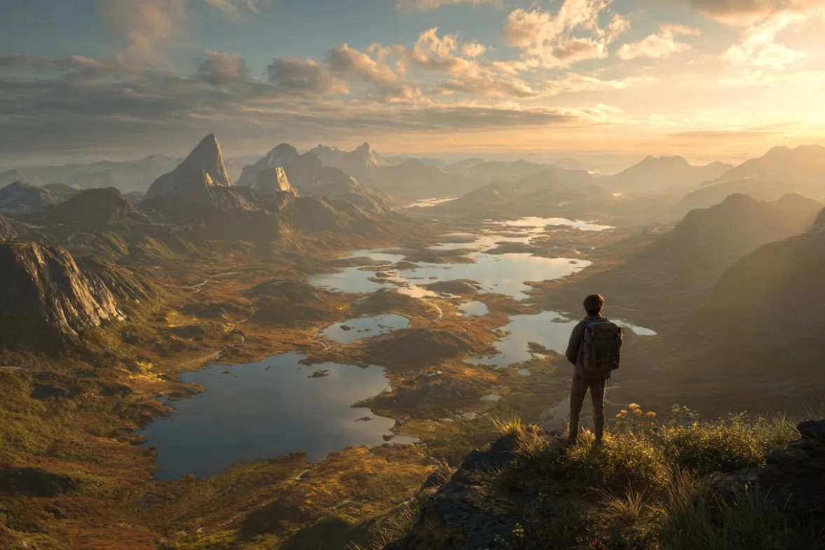A wide-angle shot of a person standing at a high vantage point, looking out over a beautiful, sprawling landscape at sunrise. They are not looking back at the camera. The view represents the future they are creating. The feeling is one of quiet power, endless possibility, and having earned the view through daily, consistent effort.