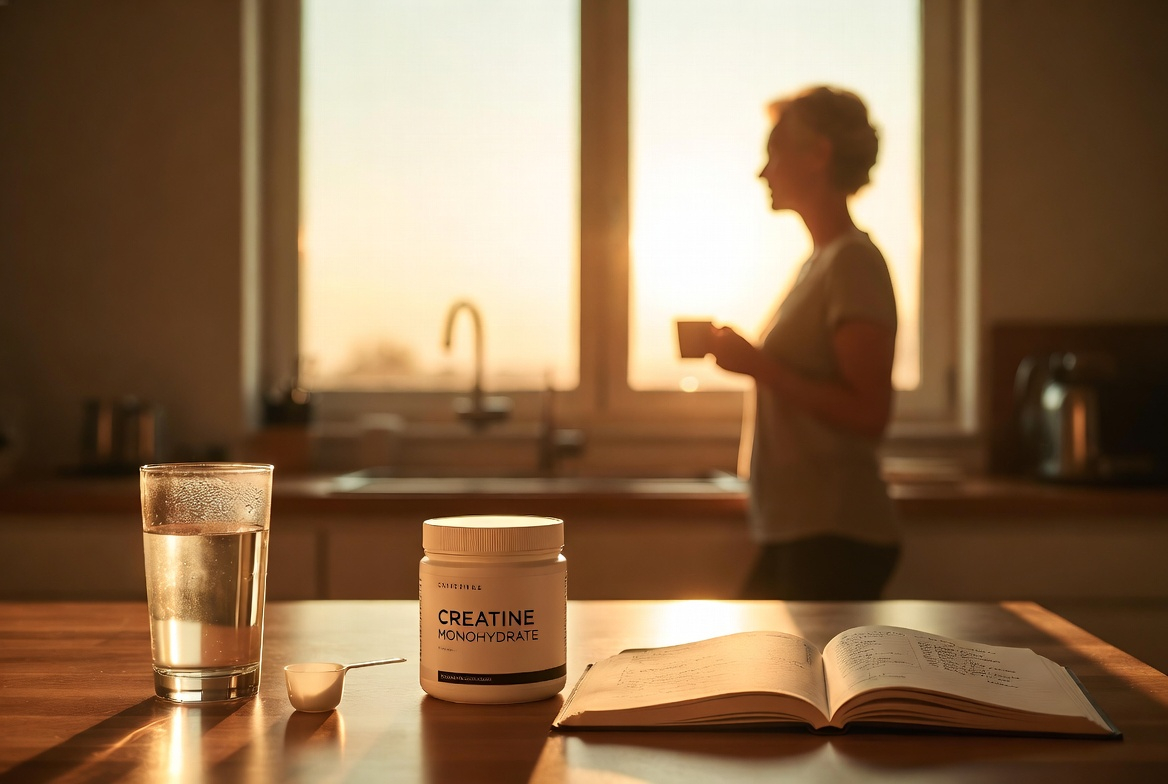 Warm morning light streams through large windows into a clean modern kitchen. On a wood countertop a glass of water with condensation, a white scoop, a minimalist Creatine Monohydrate tub, and an open journal with handwritten notes. Soft focus background a person (50s, strong posture) standing at window looking at sunrise, holding a mug. Warm golds, soft whites, earth tones. Foreground sharp, background soft. Hopeful, calm, scientific yet accessible.