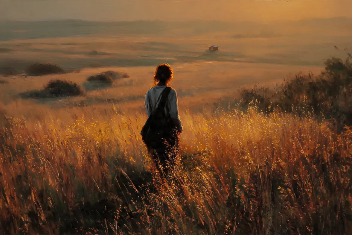 A person standing at the edge of an open field at sunrise, looking back over their shoulder toward a distant doorway (just visible, small in the background). They've walked through. They've made it. Now they pause to appreciate how far they've come. Warm golden light. Peaceful expression. Photorealistic. Full circle moment.