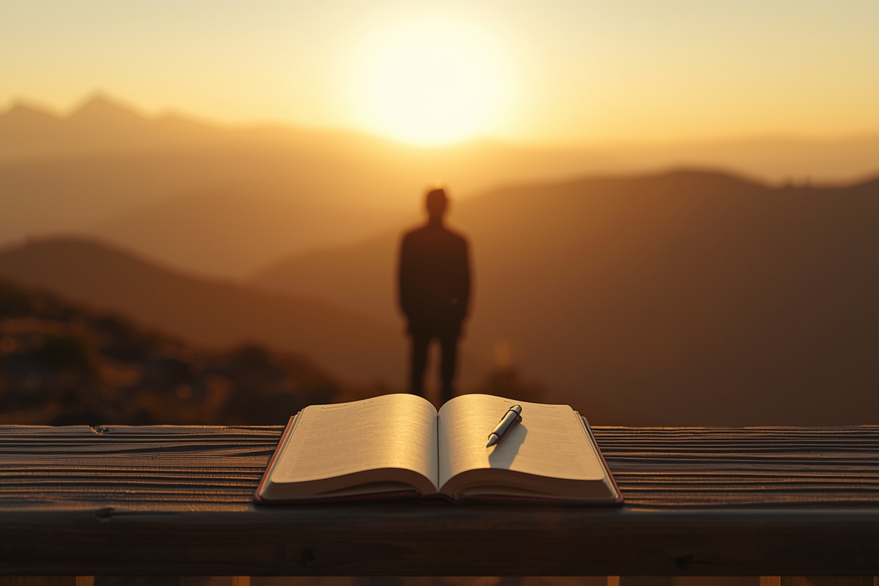 A photorealistic minimalist image shot from behind a single person standing on a wooden deck overlooking a distant mountain range at golden hour. Warm sunrise light bathes the scene—soft golds, amber, gentle haze. The person is a small silhouette in the frame, facing the horizon. On the wooden railing in front of them rests a simple open journal, pages slightly glowing in the sunrise, a pen beside it. The focus is on the open journal and the vast landscape beyond—invitation, potential, the page waiting to be written. 
