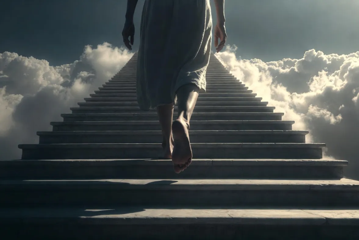 Woman taking first steps up stairway to above the clouds