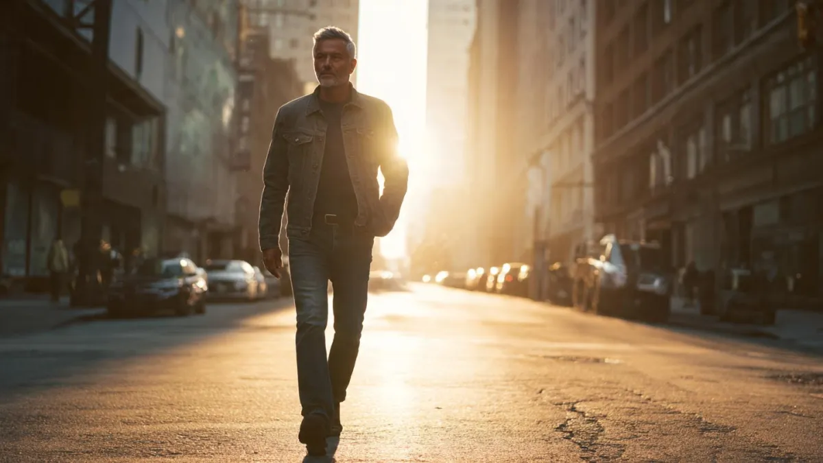 A fit, confident man in his late 50s walking with purpose and strength down a sun-drenched urban street. He's wearing casual, sharp attire (dark jeans, fitted jacket). His posture is tall, shoulders back, stride is long and grounded. The morning sun casts long shadows behind him. He looks strong, capable, and in complete command of his body. The image conveys freedom, mobility, and the result of rebuilt physical foundation. Style: High-end lifestyle photography, warm golden hour light.