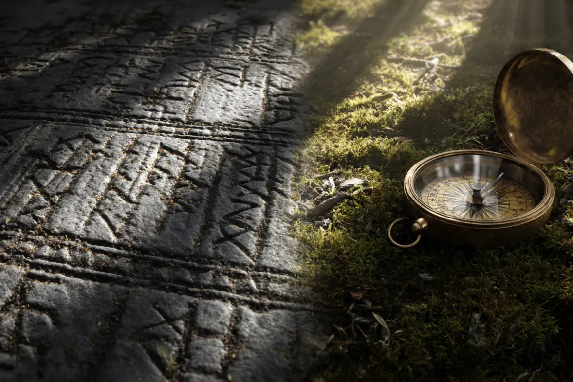A split composition image. The left half shows the ancient, weathered gray surface of the Kensington Runestone with deep runic carvings, lit by warm, dramatic side light that emphasizes texture. The right half is a dark green forest floor with soft moss, where an antique brass compass rests open, its needle pointing toward the edge of the frame. A single beam of golden sunlight cuts diagonally across both halves, visually connecting the ancient artifact to the modern search. The overall feel is mystery, connection across time, and evidence waiting to be found.