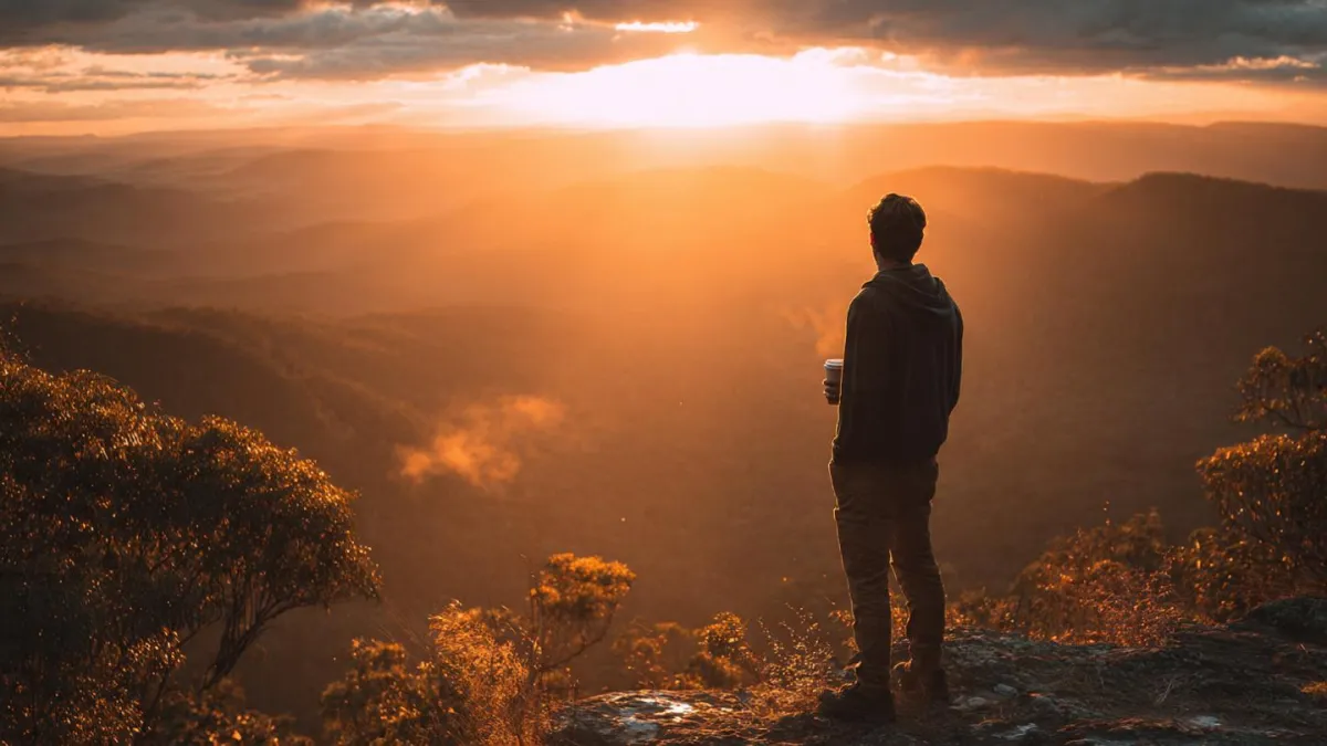 Wide landscape shot of a fit man standing at the peak of a hill or mountain overlook, arms relaxed at sides or holding a coffee cup, back partially to camera, facing a massive golden sunrise exploding over a valley below. He's no longer a silhouette—you can see definition in his shoulders, the texture of his clothing, the steam rising from the cup. He made the climb. He's not celebrating. He's just present. The light hits him from the front now—warm, victorious, earned. Cinematic lighting. Rich oranges and golds. Slight lens flare. Hyper-detailed. Mood: peace after the war. The 4:44 AM decision paid off.