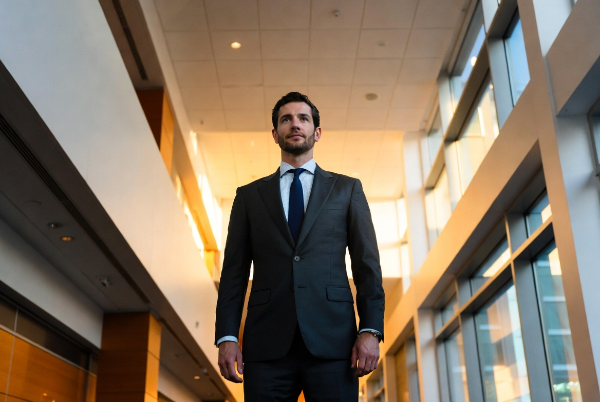 Cinematic portrait of a man in a tailored dark suit standing in a modern office hallway or lobby, shot from a slight low angle looking up, warm golden light streaming through floor-to-ceiling windows behind him. He is calm, centered, hands relaxed at his sides, gaze steady and composed—not aggressive, just unshakably present. The lighting is warm and aspirational, contrasting with the cool tones of the modern architecture. His expression is quiet confidence, the kind that doesn't need to prove anything. The mood is commanding but approachable—the person who owns the room before he enters it. 