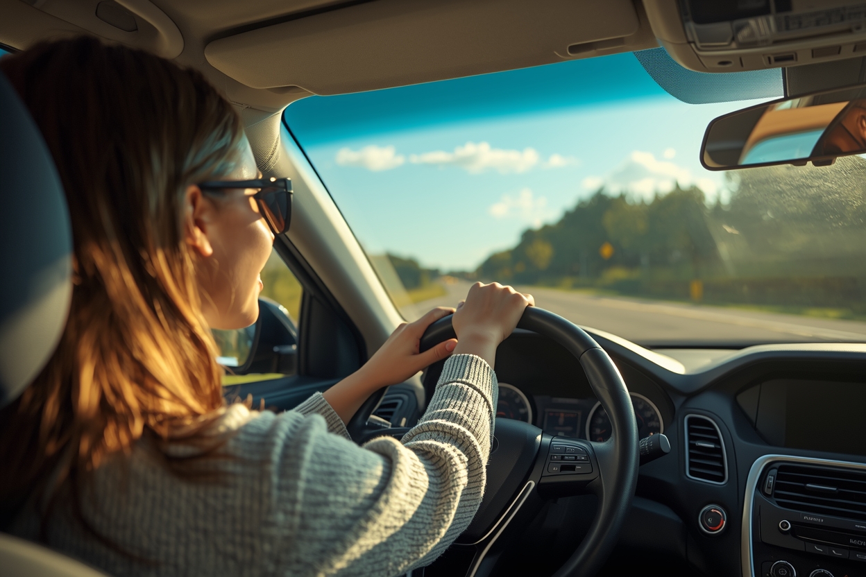 Photorealistic image of a woman driving a car on a sunny day, her hand resting casually on the steering wheel, open road ahead with blue sky and trees. The perspective could be from the passenger seat or slightly behind, showing her relaxed posture and the freedom of movement. Sunlight through the windshield. She's wearing sunglasses, slight smile. No traffic stress—just the joy of being able to drive without fear, without emergency scrubs in the back seat, without planning every bathroom stop. The open road represents possibility. The mood is: "I can go anywhere now.