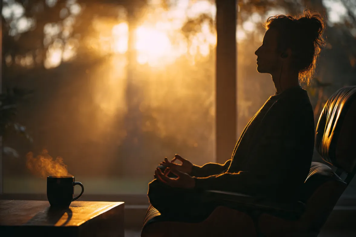 A person seated in a comfortable chair by a large window at sunrise, wireless earbuds in, morning light streaming across their face, hands resting on a journal or simply folded in lap, a steaming mug of coffee on the table beside them, the world outside still quiet, sense of sacred morning ritual and intentional programming, warm golden light