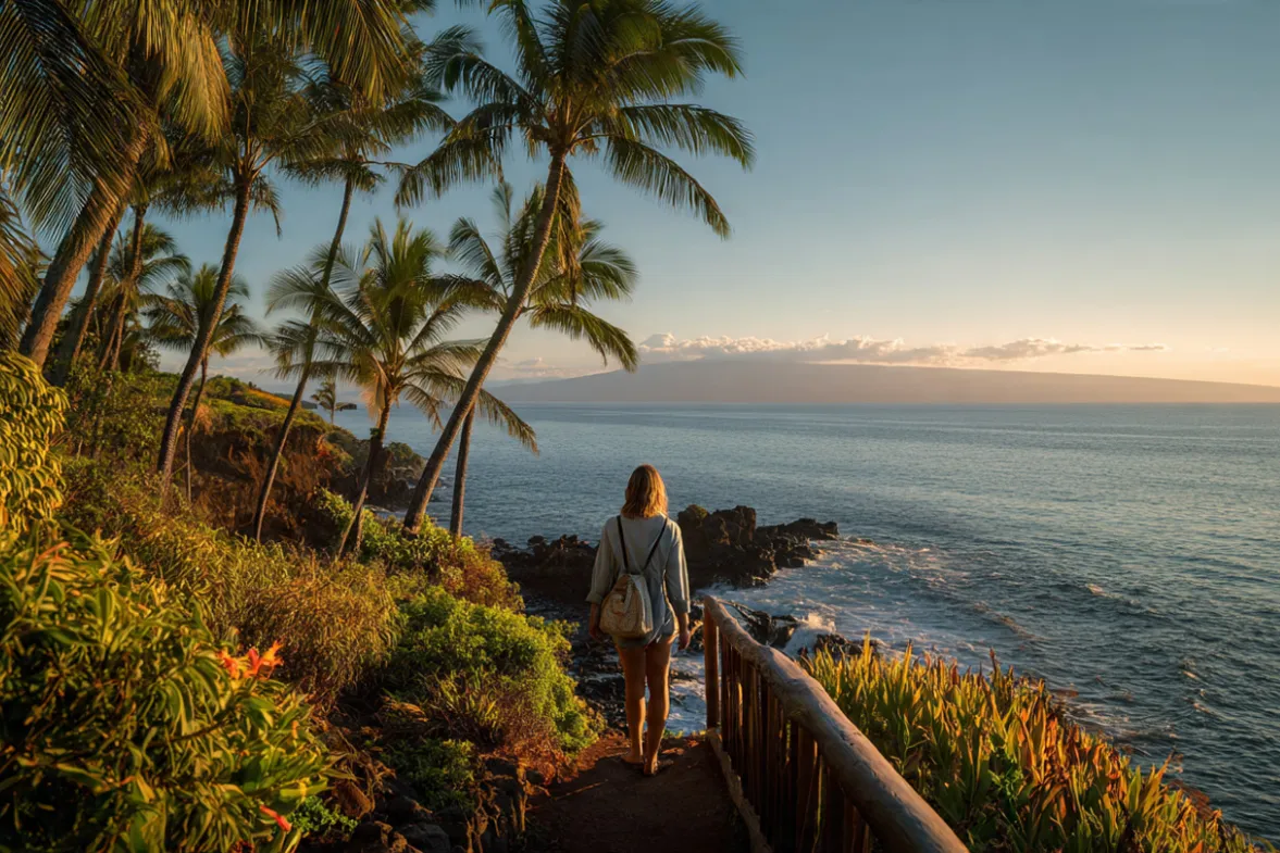 A person walking on a path overlooking the Maui coastline at sunrise.