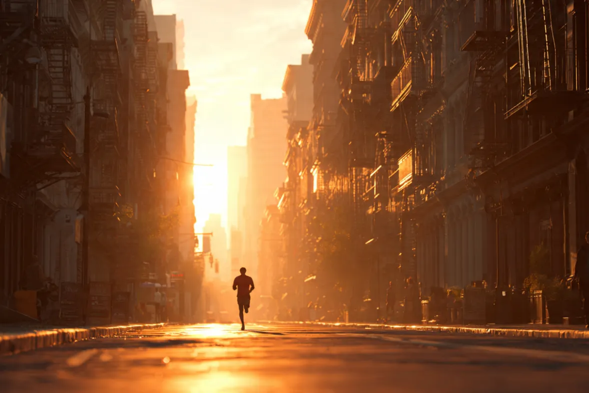 A solitary figure running down a sunlit city street during golden hour. Warm light streams between buildings, casting long shadows. the streets now have soft morning light, a few people in the distance, a city waking up. The runner remains alone but no longer isolated. There's warmth, accomplishment, quiet victory. Cinematic, hopeful, aspirational atmosphere. Wide shot emphasizing movement and emergence. 