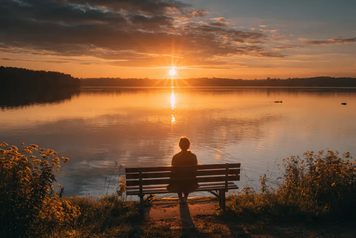 Early morning by a calm lake. The sun is just coming up Beautiful golden sun flares . A person sits on a wooden bench at the water's edge, hands resting on their knees, facing the rising sun. Soft golden light reflects off the water. A few ducks glide peacefully nearby. Wildflowers grow at the base of the bench. The person's posture is relaxed but present—awake. The mood is stillness, peace, renewal.