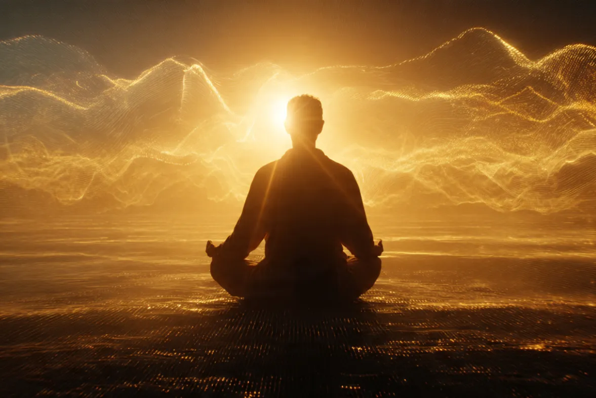 Photorealistic, an anonymous person sitting in a meditative lotus pose, silhouetted against a brilliant sunrise. Emanating from their body are visible, luminous ripples of energy, like sound waves moving through the air, interacting with the morning light. The patterns are intricate, resembling sacred geometry but with a scientific, wave-form feel. The atmosphere is powerful, calm, and filled with unseen energy. Hyper-detailed, cinematic lens flare.