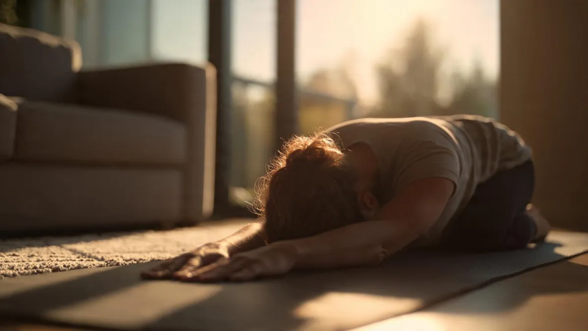 Photorealistic medium shot of a person in a gentle Child's Pose on a yoga mat in their living room. They are positioned next to a modern couch. The same golden morning sunlight from the patio door streams in, creating a warm, soft glow on their back. The background is slightly blurred, focusing on the person's peaceful moment of surrender. The atmosphere is serene, relatable, and authentic. 8k, cinematic lighting, shallow depth of field.