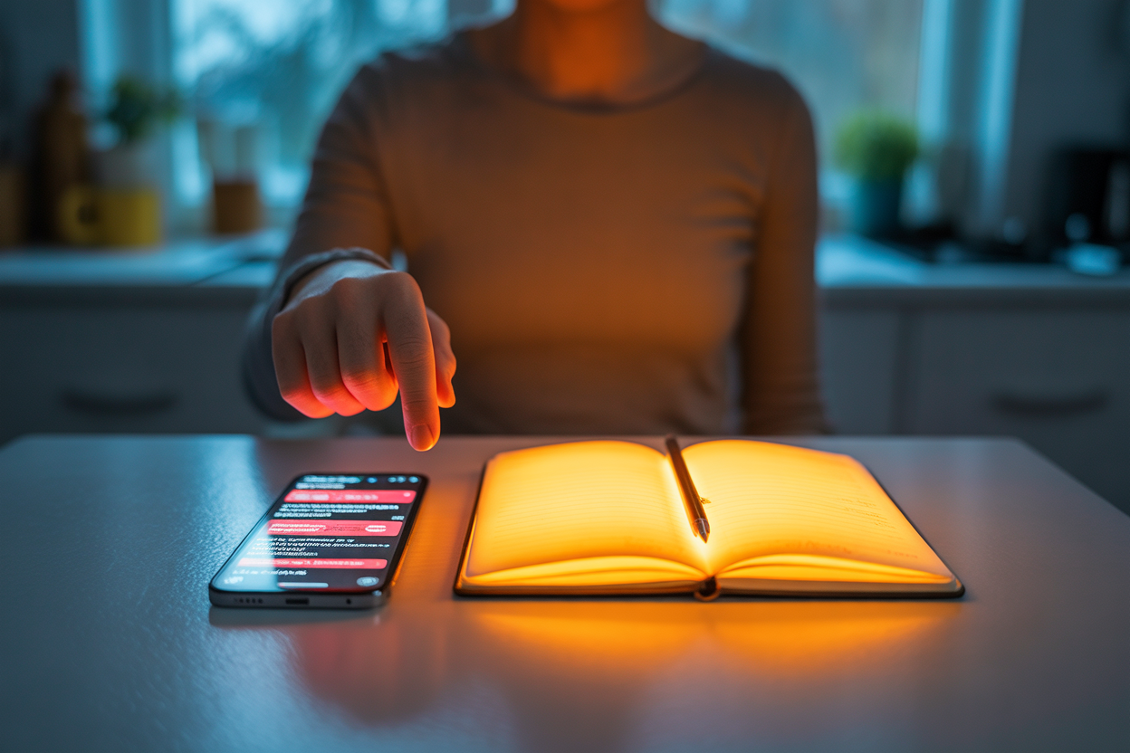 An eye-level shot. A person sits at a kitchen table at 5am, first light through window. In front of them are 2 glowing objects: left side is a smartphone screen flashing red with chaotic notifications/rage headlines, right side is an open journal and pen glowing with calm golden light. Person’s finger is hovering, about to choose the journal. Warm, quiet, Theta morning atmosphere.