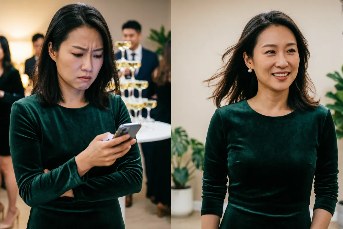 A split-image. Left side: A woman alone at a party, arms crossed, looking at her phone with a tense expression. Right side: The same person with open body language, no phone, making eye contact with someone new, smiling naturally.