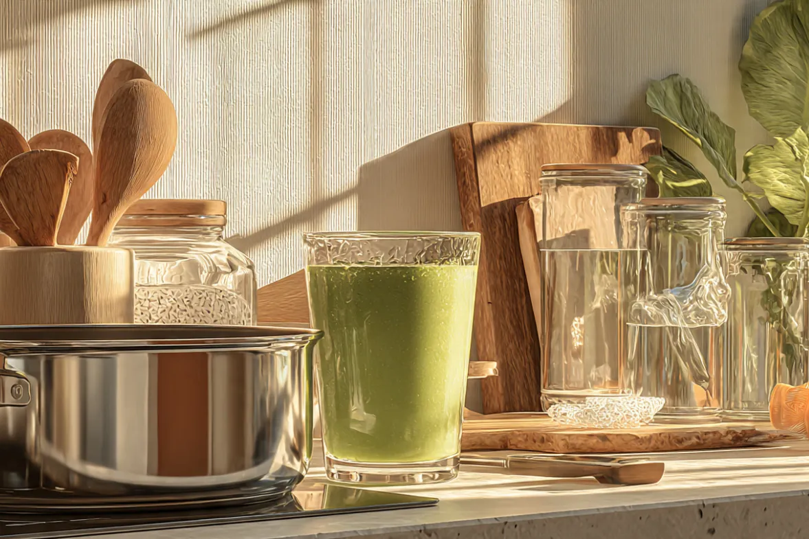 Still life of a sunrise kitchen scene showing a wooden spoon, stainless steel pan, glass storage containers, and a leafy green smoothie beside a few plastic items pushed aside, symbolic health upgrade.